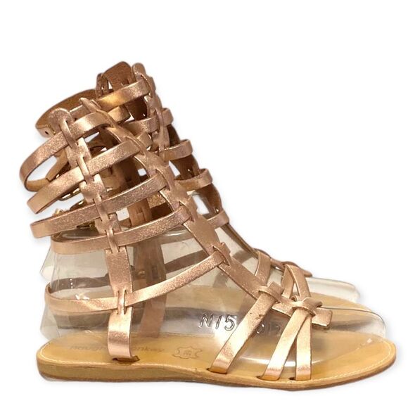 Leather Gold Multi Strap Open Toe Buckle Tall Gladiator Sandals NEW - Picture 1 of 4